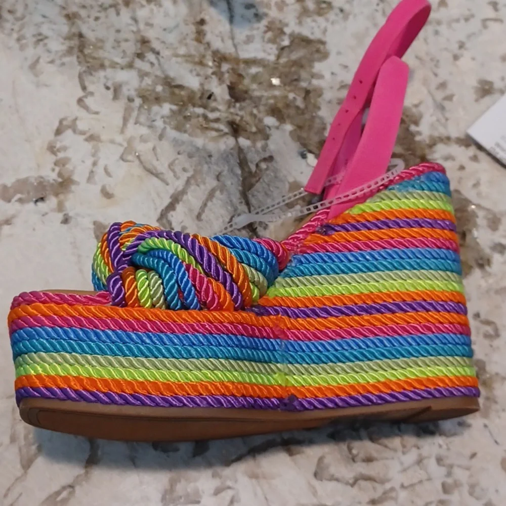 Gianni Bini Rainbow Striped Platform Sandals with Pink Straps